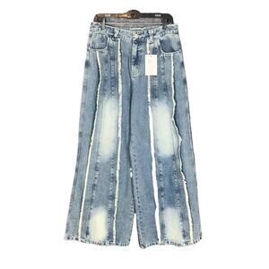 Wide Leg Jeans Womens Large Blue Denim Fringe Frayed Streetwear Baggy Distressed
